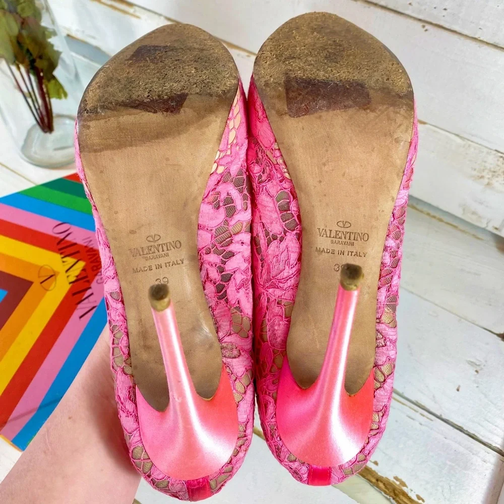 Valentino Garavani Hot Pink Lace Couture Bow Pumps